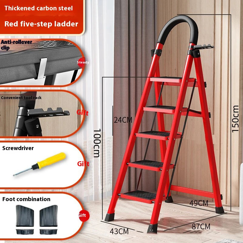 Folding red zigzag ladder with 5 steps, thickened carbon steel, anti-slip feet
