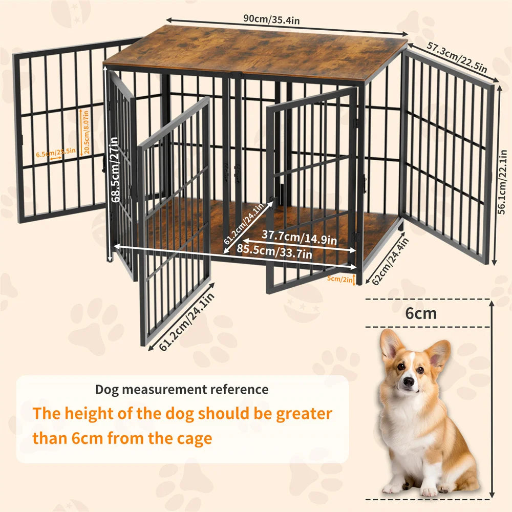 S And B Enterprise dog crate cage with removable divider, four doors, metal frame and wood top.