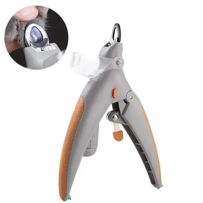LED light pet nail clipper by S And B Enterprise; gray body with orange grips, for dogs and cats.