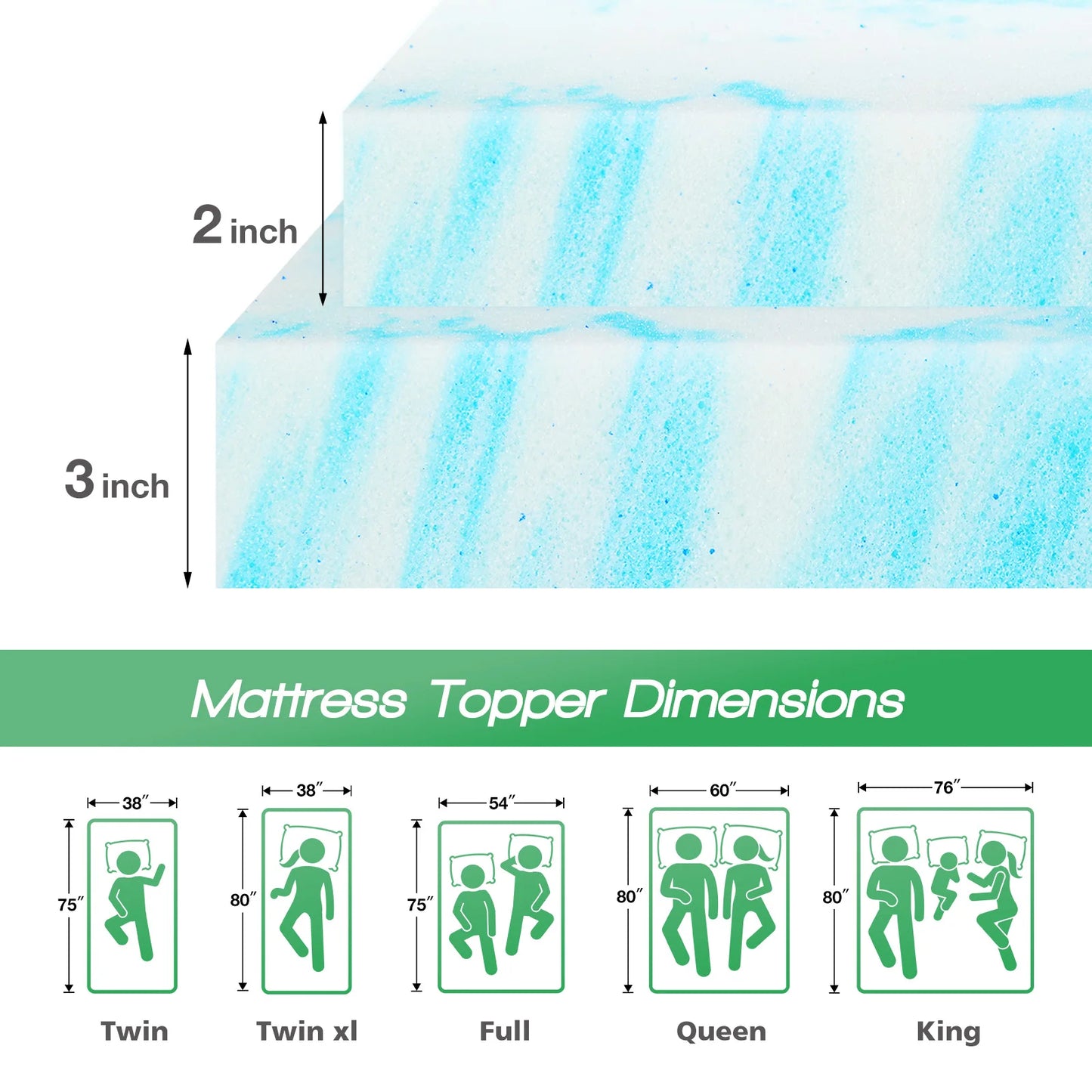JHK 2-3 Inch Gel Memory Foam Mattress Topper Full Size Cooling Mattress Soft and Breathable Bed Topper School Bedroom Furniture by S And B Enterprise