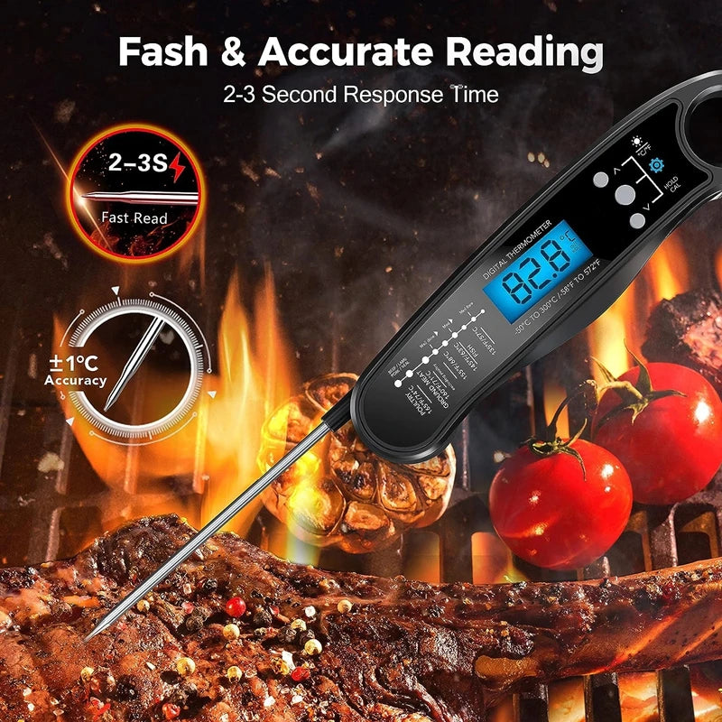 BBQ meat thermometer with 2 probes, digital display on a black handheld unit with blue LCD