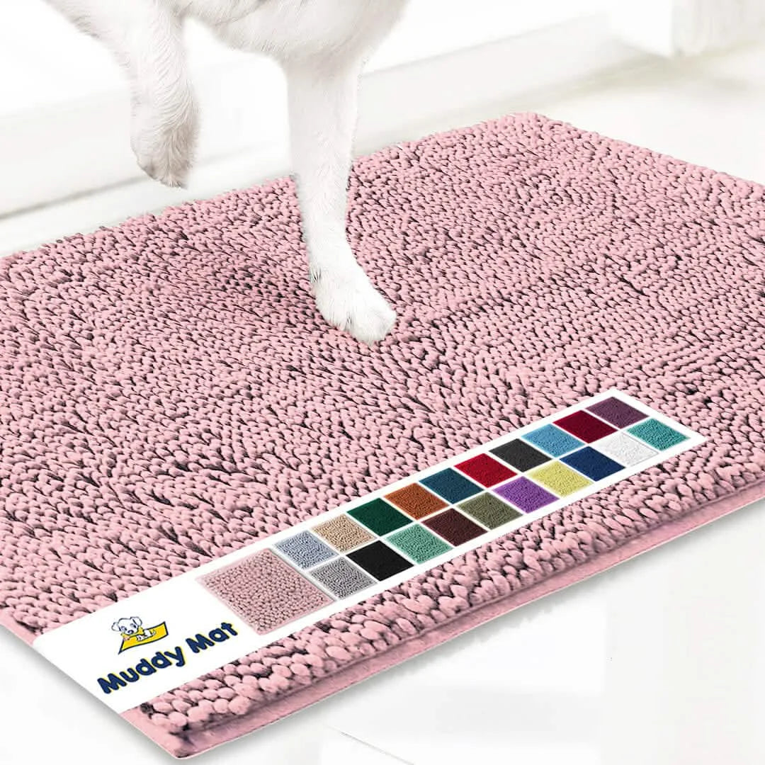 Muddy Mat pink microfiber doormat for paw cleaning, anti-mud dirt trapper by S And B Enterprise.