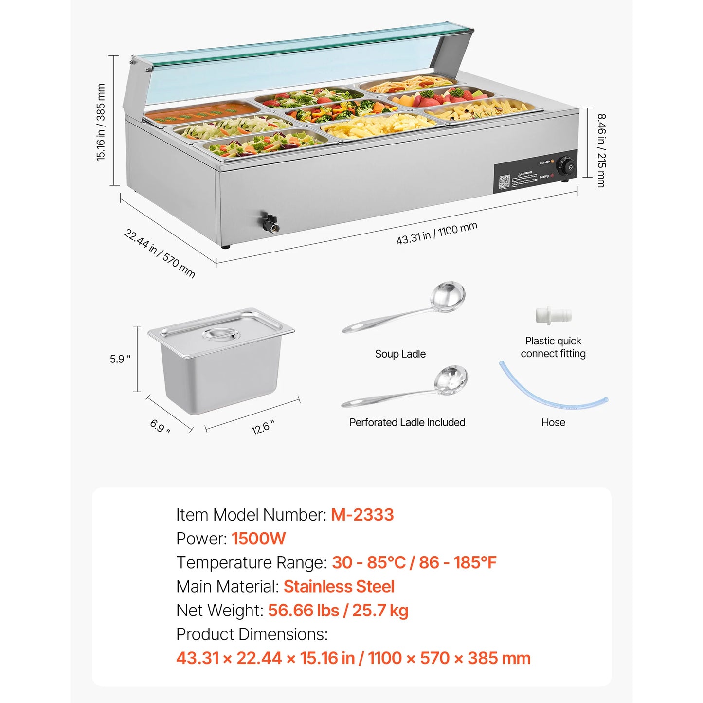 SucceBuy Commercial Food Warmer Electric Stainless Steel With Glass Cover