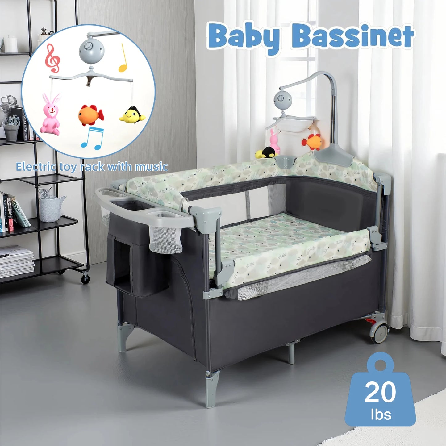 Pack n Play,Playard Bassinet with Changing Table Lockable Wheels Music Box Pack and Play Foldable Playard for Infant to Toddler by S And B Enterprise