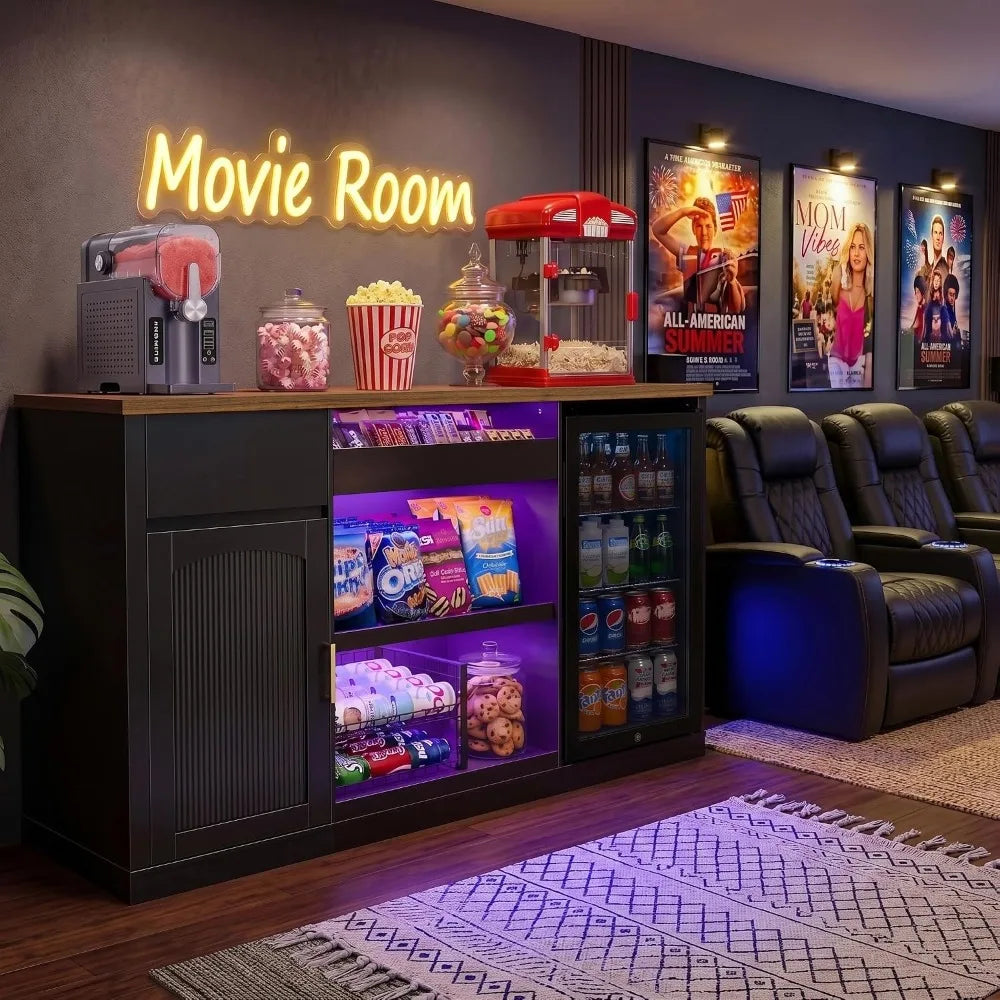 GDLF 70.1 inch black snack bar cabinet with built-in fridge, LED light kit, and power outlet.