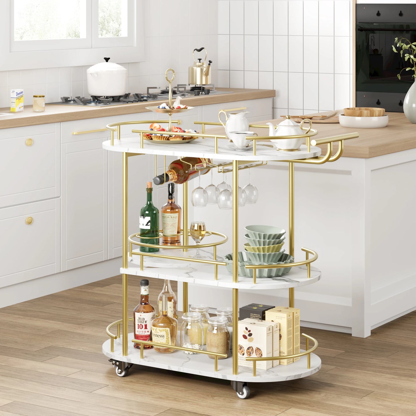 3-tier drinks trolley on a gold frame with marble shelves, wine rack and glass holders on wheels