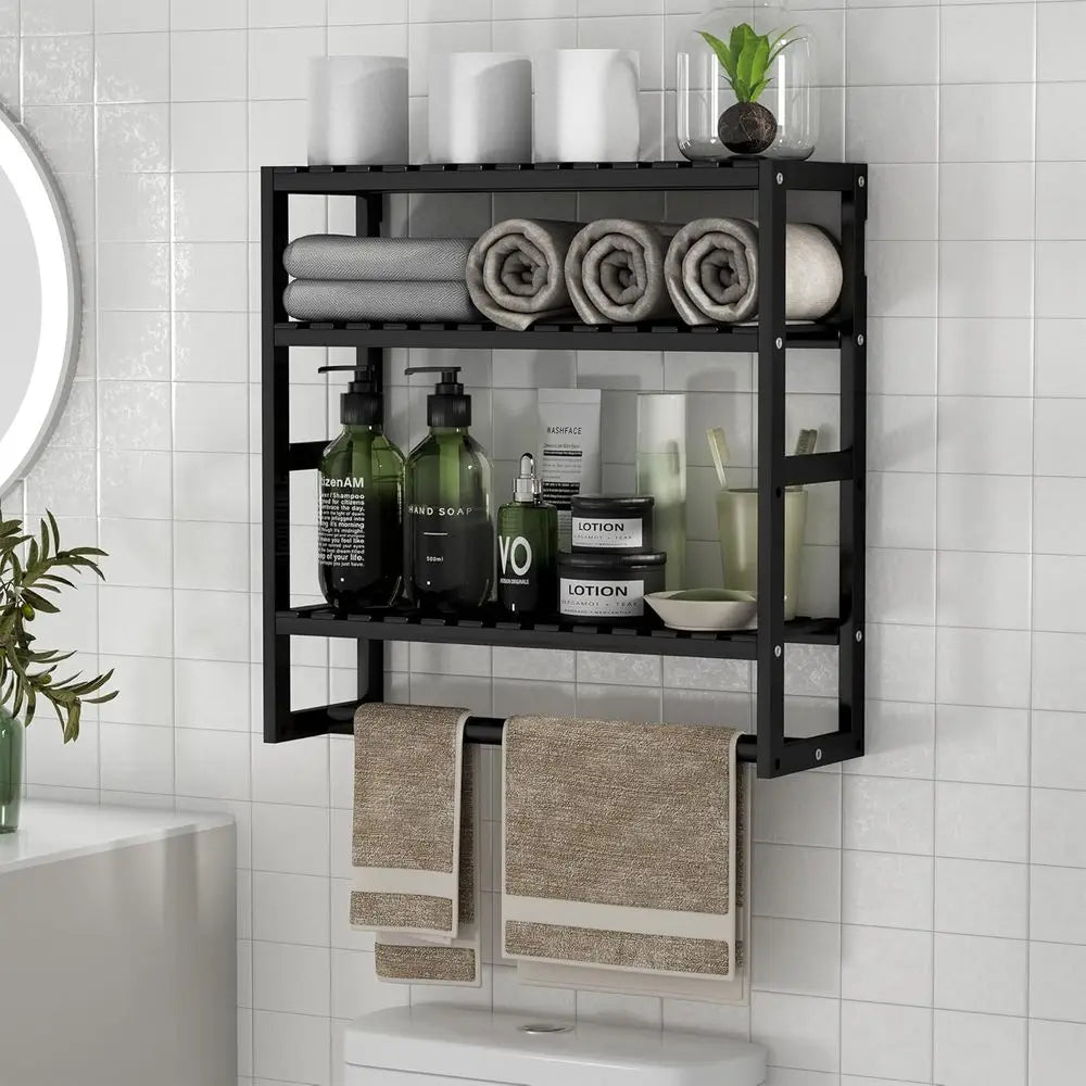 Bathroom Storage Shelves Over The Toilet with Towel Bar 100% Bamboo Adjustable Height Floating Shel Wall Shower Shel or Small Sp