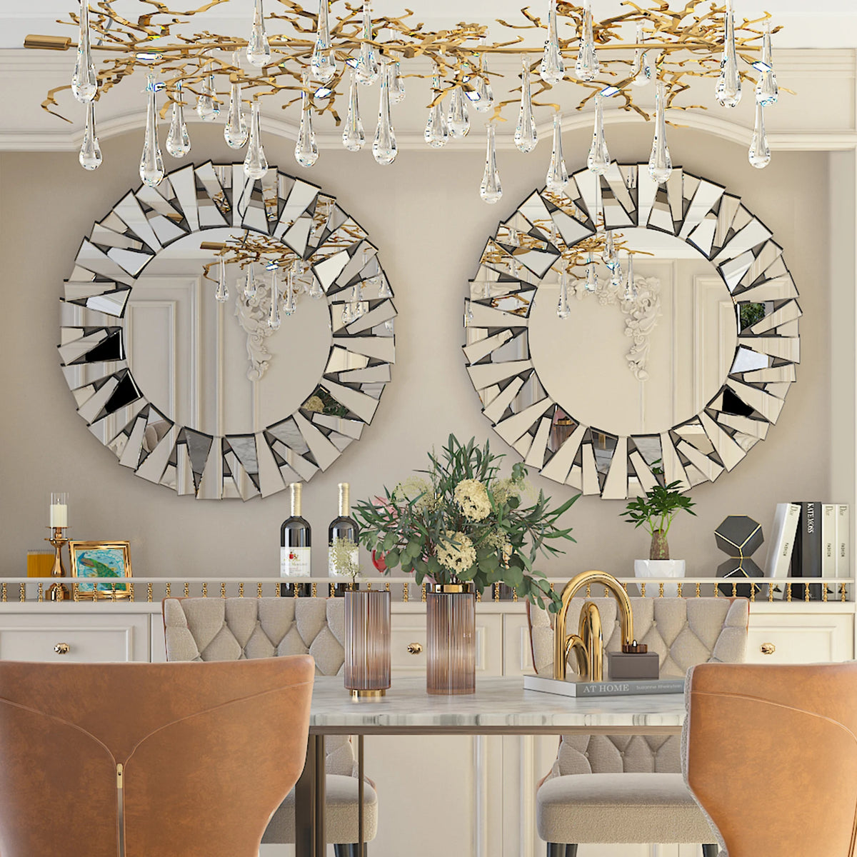Modern Round Sunburst Wall Mirror With Elegant Beveled Glass