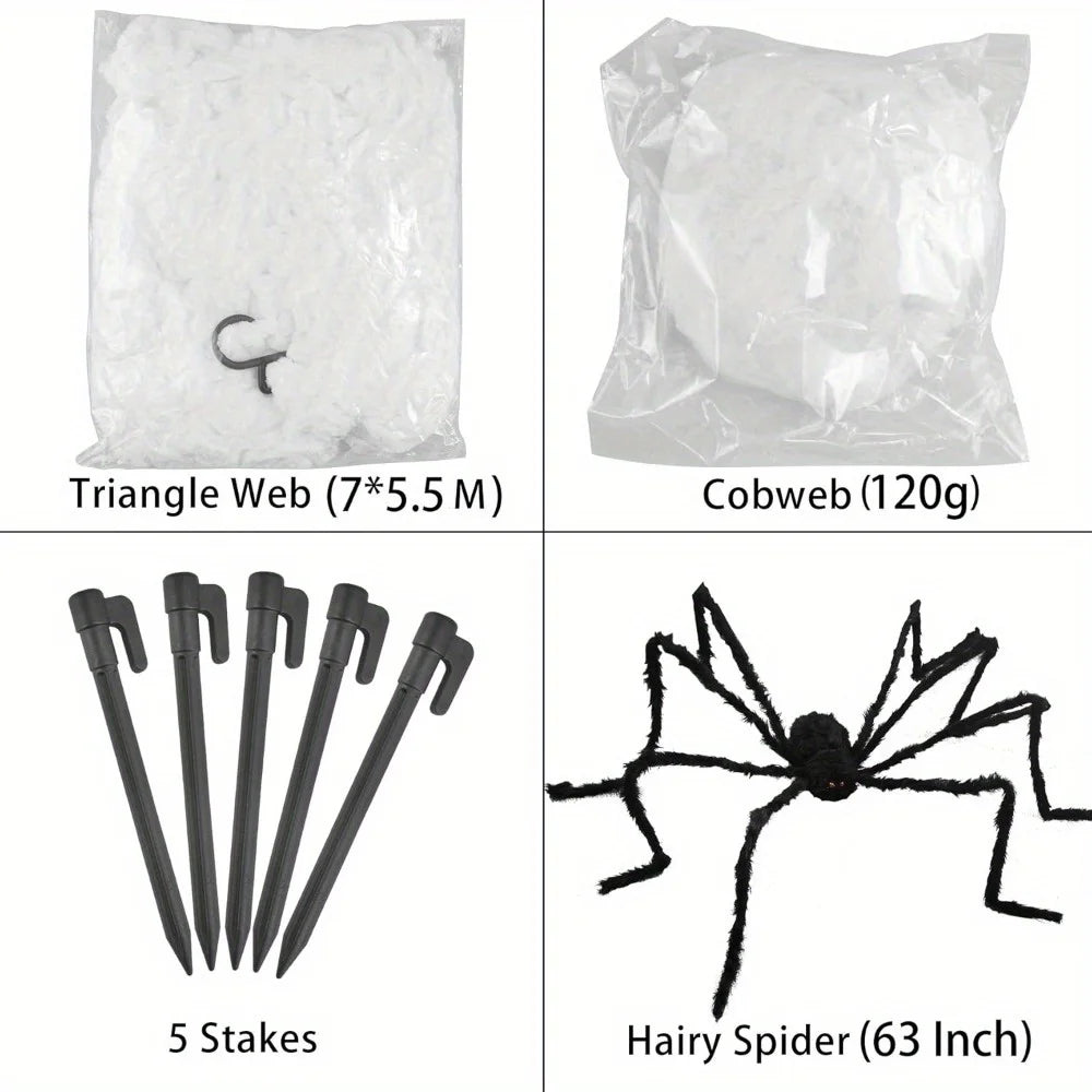 Giant 63-inch hairy Halloween spider by S And B Enterprise with 23x18 ft stretchy triangular web, 400 sqft outdoor decor, includes 5 stakes