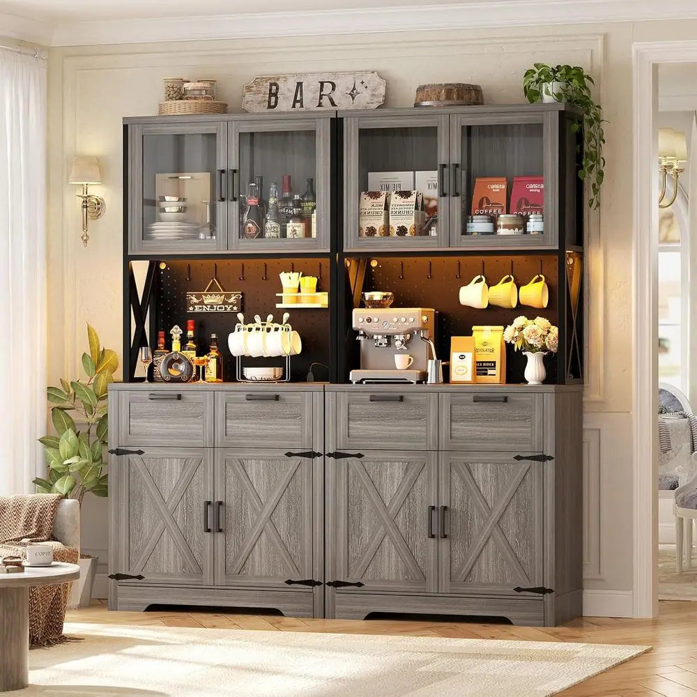 71" Tall Kitchen Pantry Storage Cabinet with LED Light & Outlet, 63" Wide Kitchen Hutch Cabinet with Large Countertop, DIY Pegbo