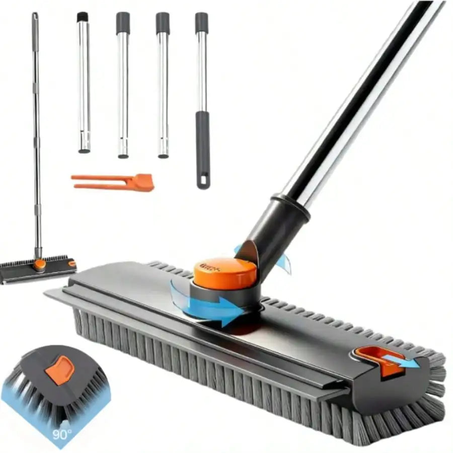Floor Scrub Brush With Long Handle, 3 In 1 Scrape And Heavy-Duty Stiff Bristle Floor Scrubber Brush With Squeegee And Tweezer For Cleaning Tile Wall Deck Bathroom Patio Garage Kitchen