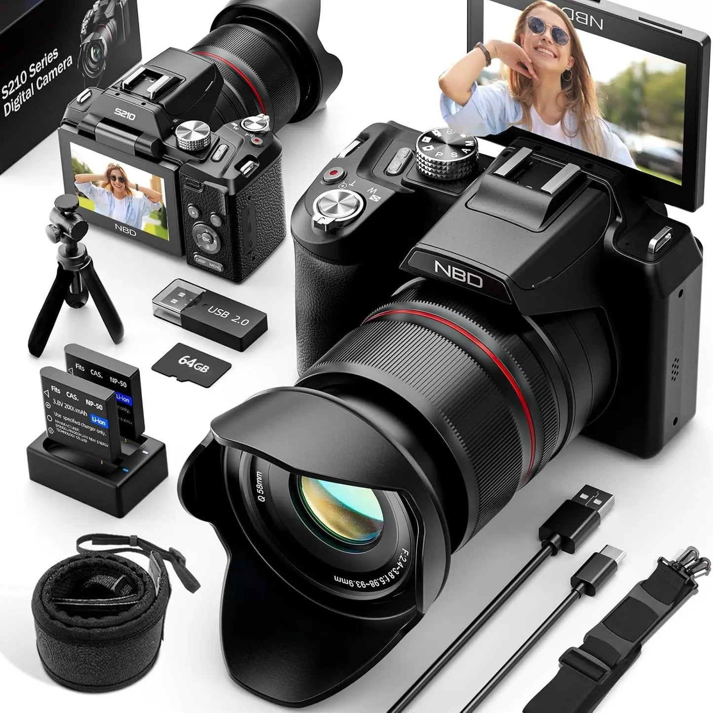 8K digital camera by S And B Enterprise, 64MP, 16x zoom, black kit with 2 batteries & 64GB card