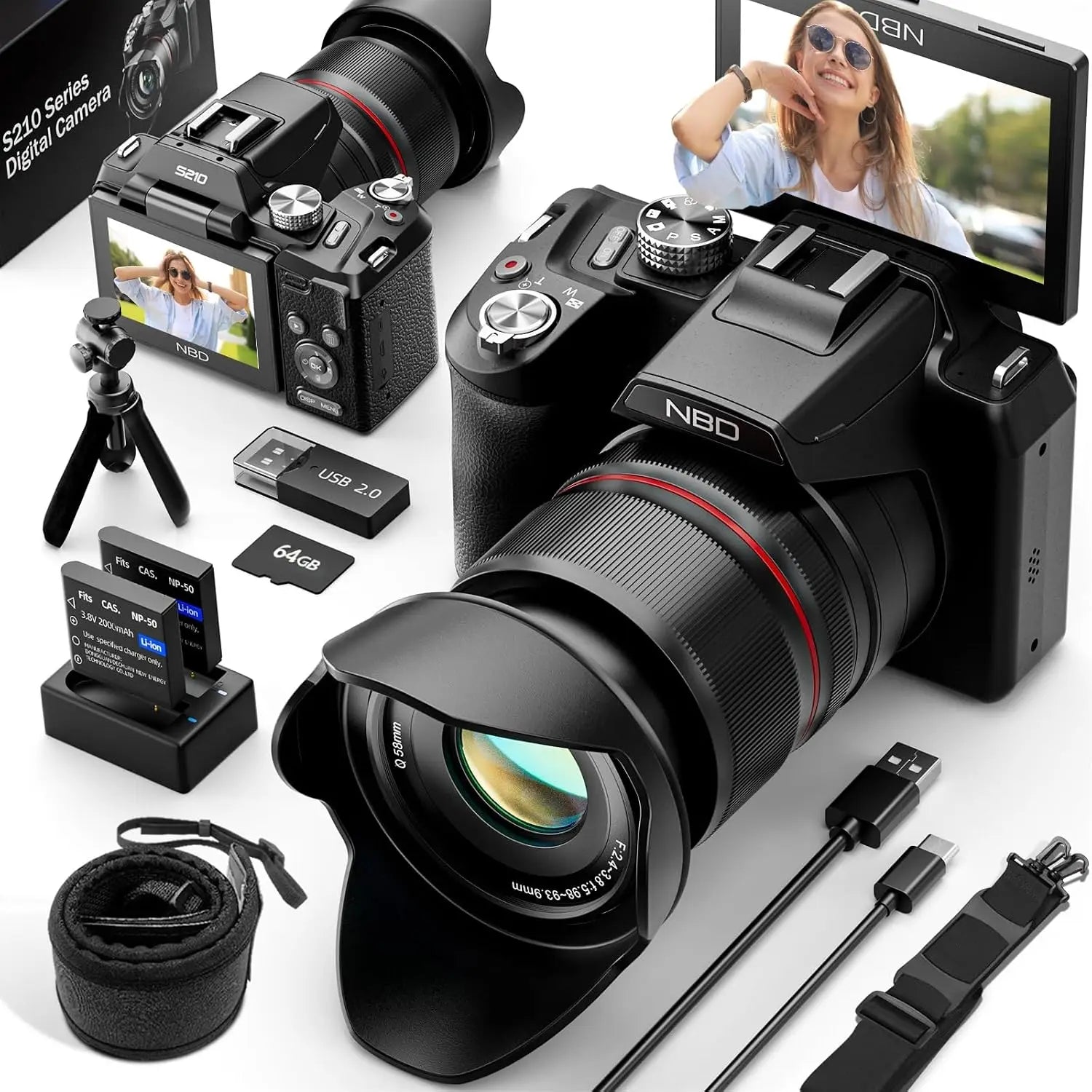 8K digital camera by S And B Enterprise, 64MP, 16x zoom, black kit with 2 batteries & 64GB card