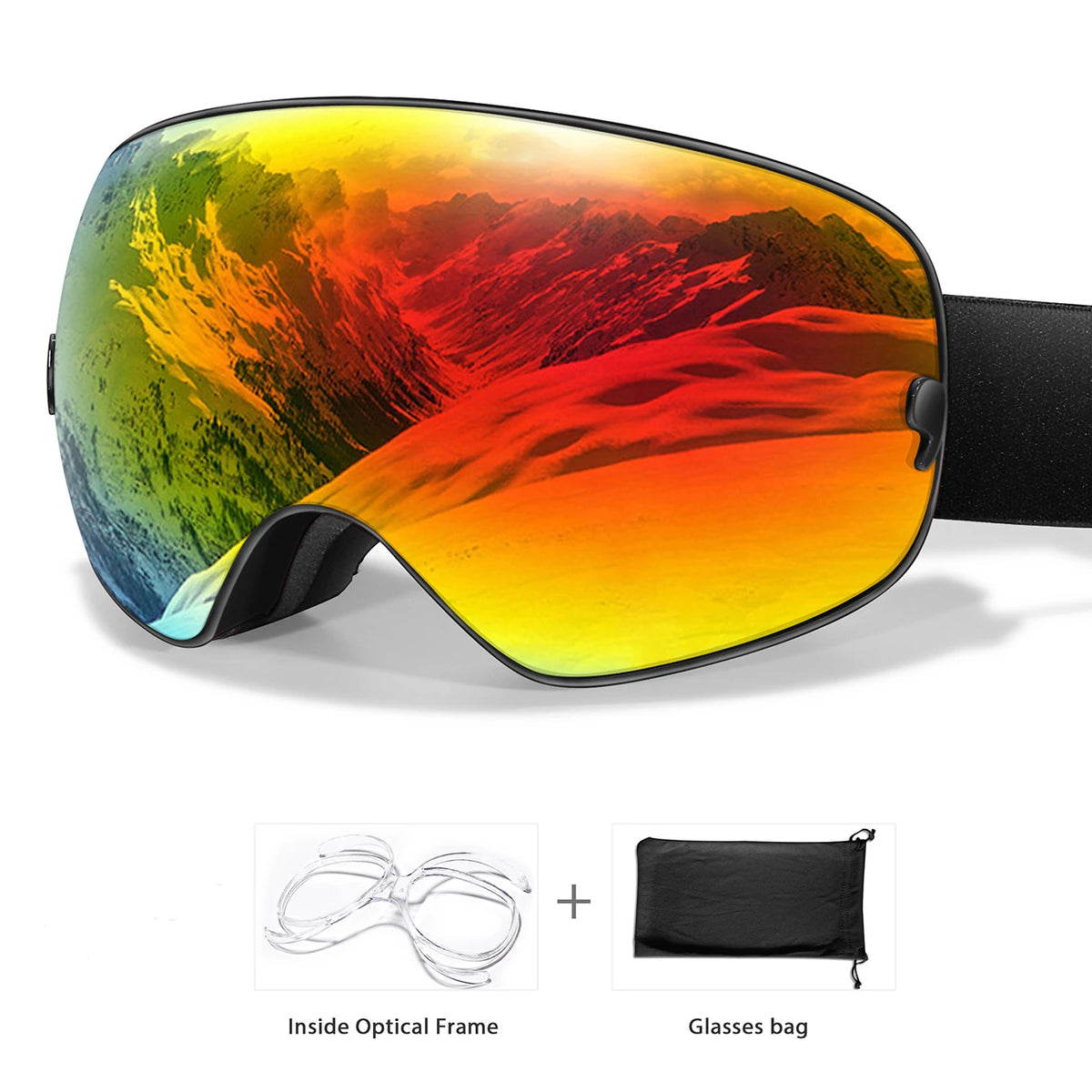 Winter ski goggles by S And B Enterprise with yellow mirrored lens; includes 1 optical frame and 1 glasses bag
