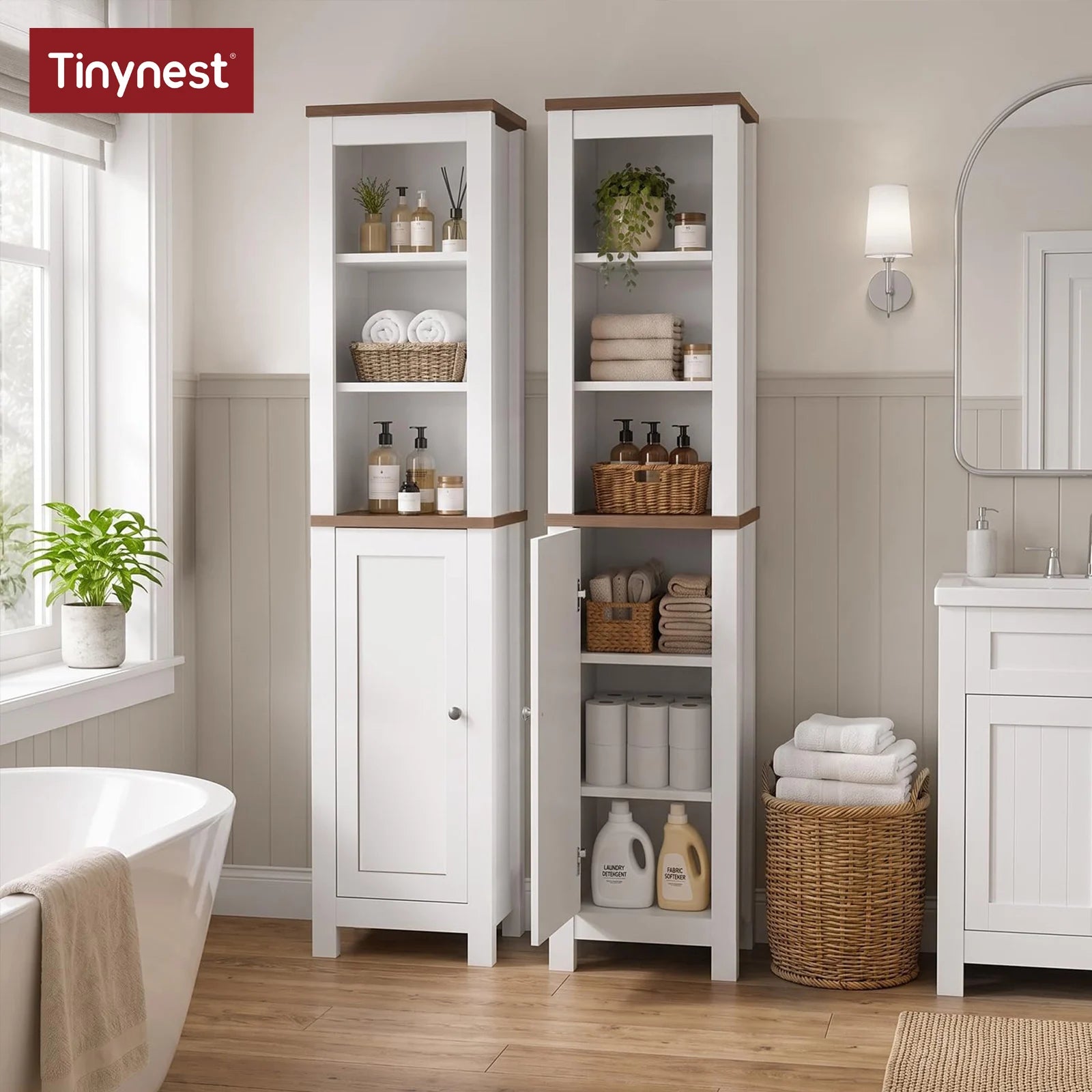 TinyNest Bathroom Storage Cabinet, 66.1 inch Tall Wood Floor Narrow Cabinet with Adjustable Shelves & Doors & Anti-Tip Design, Freestanding Toilet Closet Organizer for Bedroom, Living Room, Entryway, Kitchen by S And B Enterprise