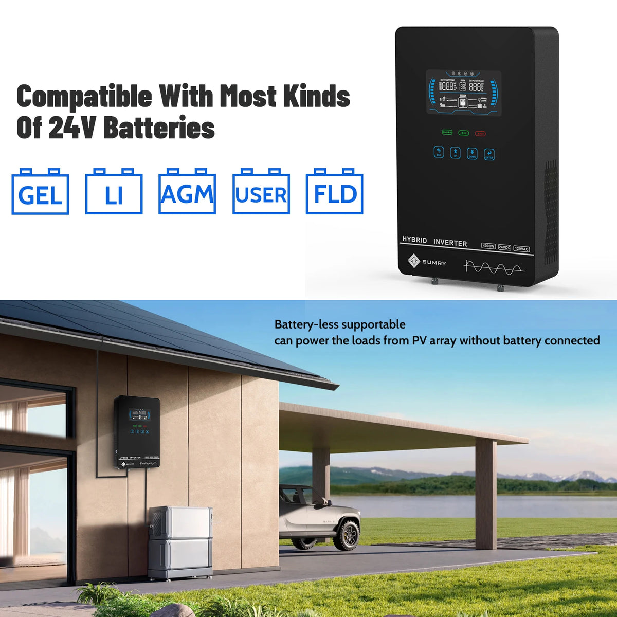 SUMRY hybrid solar inverter, 4000W 24V black unit with display and overload protection