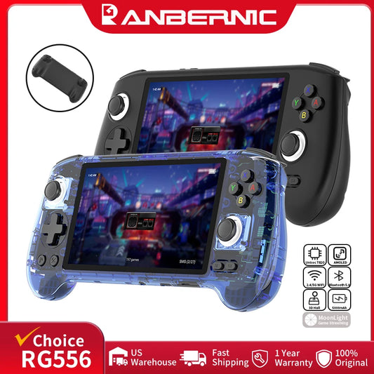 ANBERNIC RG556 handheld gaming consoles (2 units: black and transparent blue) with 5.48-inch AMOLED screens