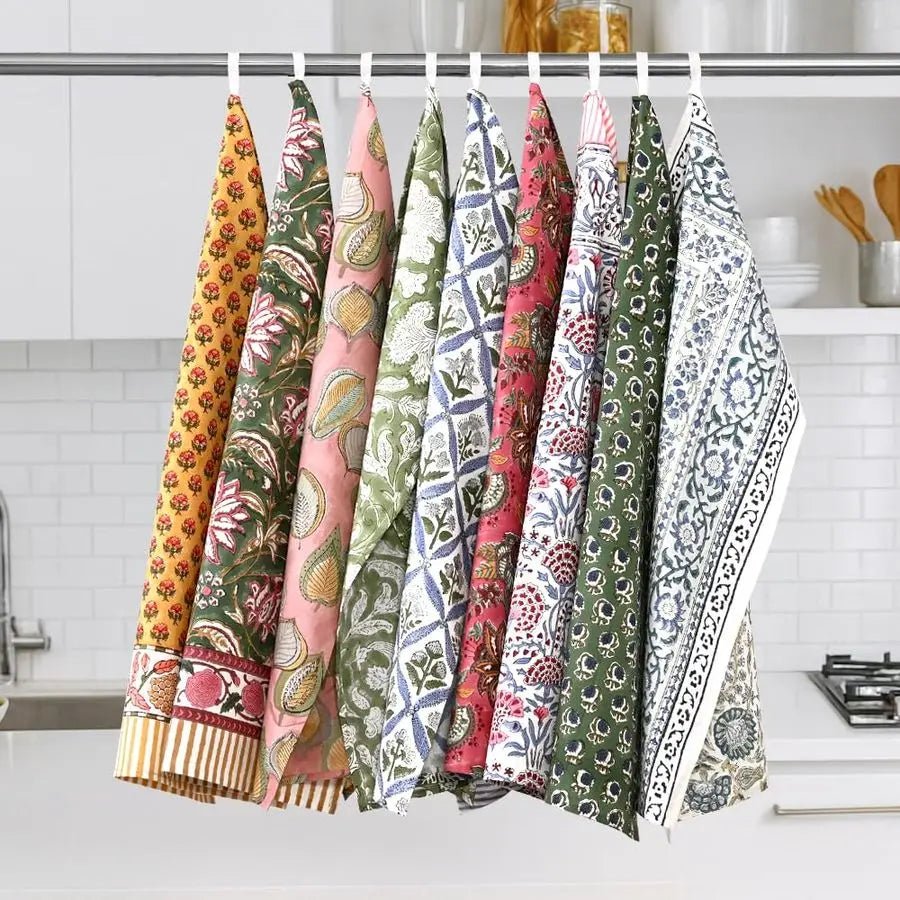 Hand Block Print Cotton Kitchen Towel Set Absorbent Quick Dry
