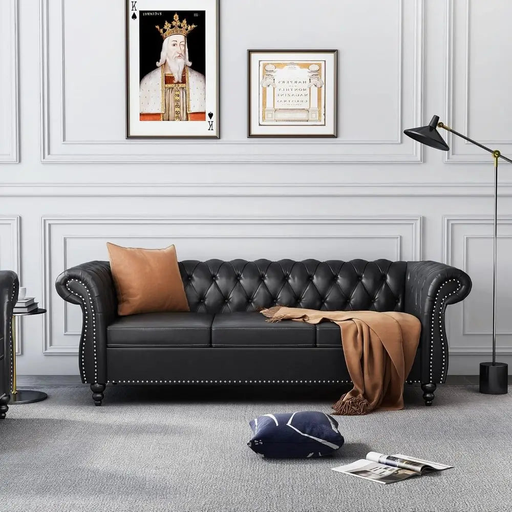 Chesterfield Leather Sofa And Loveseat Set With Scroll Arm by S And B Enterprise