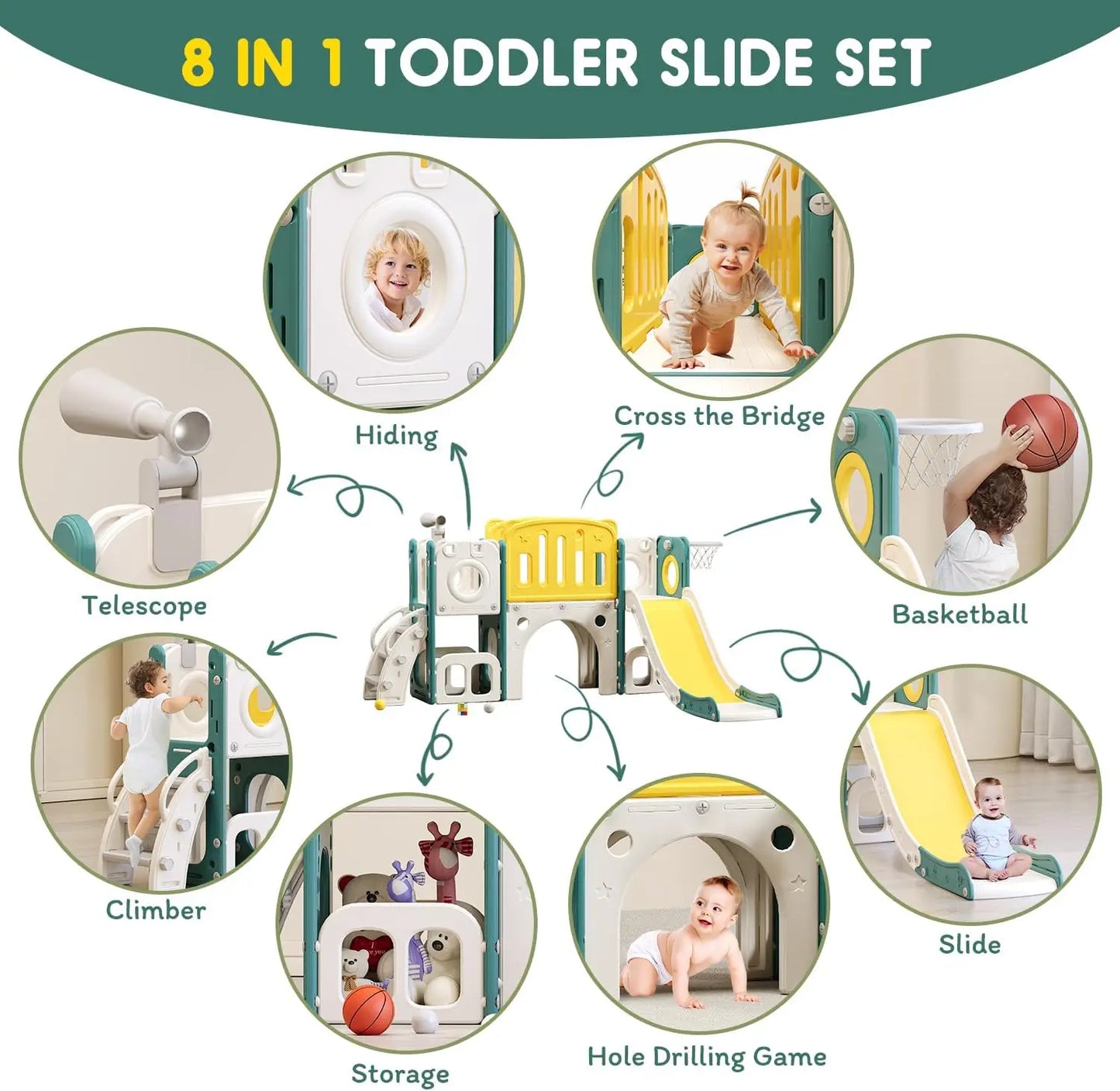 8-in-1 Toddler Slide Set With Basketball Hoop Indoor Outdoor
