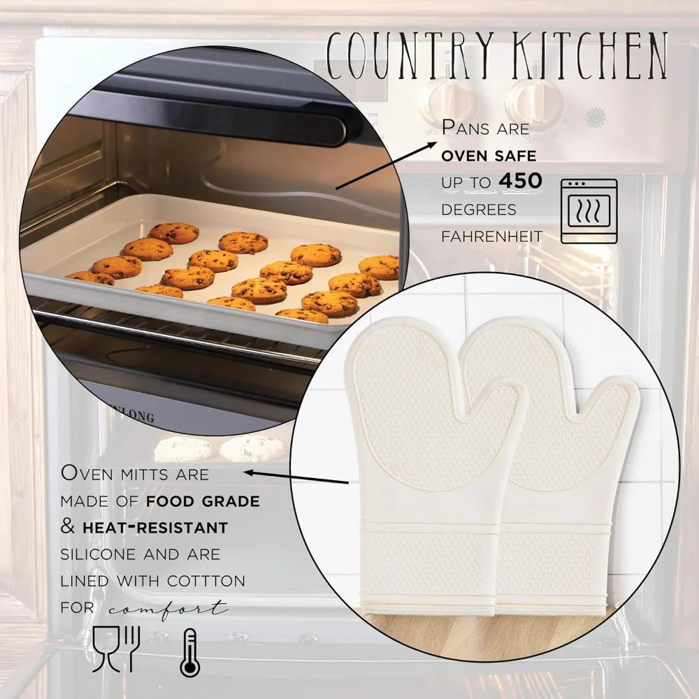 Nonstick stackable bakeware set, cream 13-piece with oven mitts by S And B Enterprise