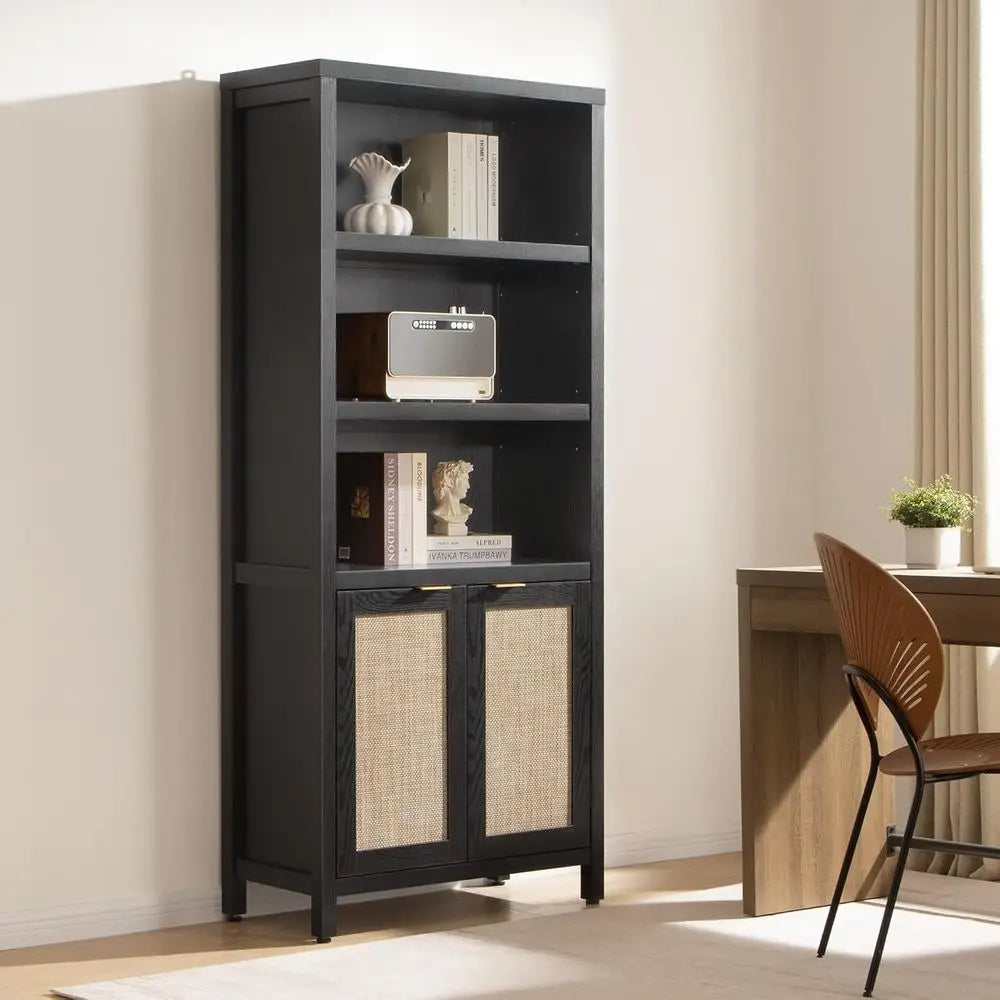 Modern Rattan Boho Bookcase With Open Wood Storage Shelf