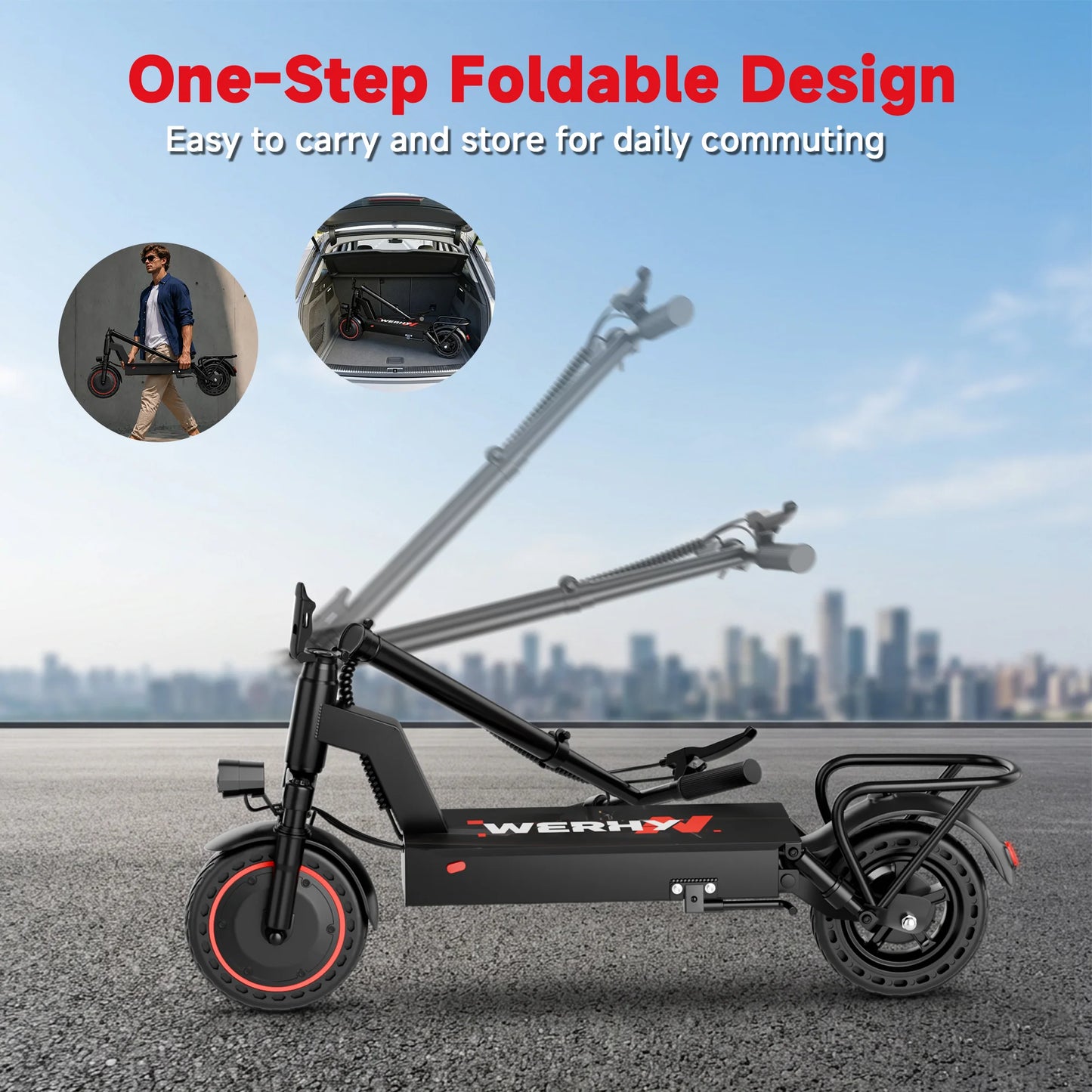 WERHY foldable electric bike with basket, 500W motor, 10-inch solid tires, black with red accents