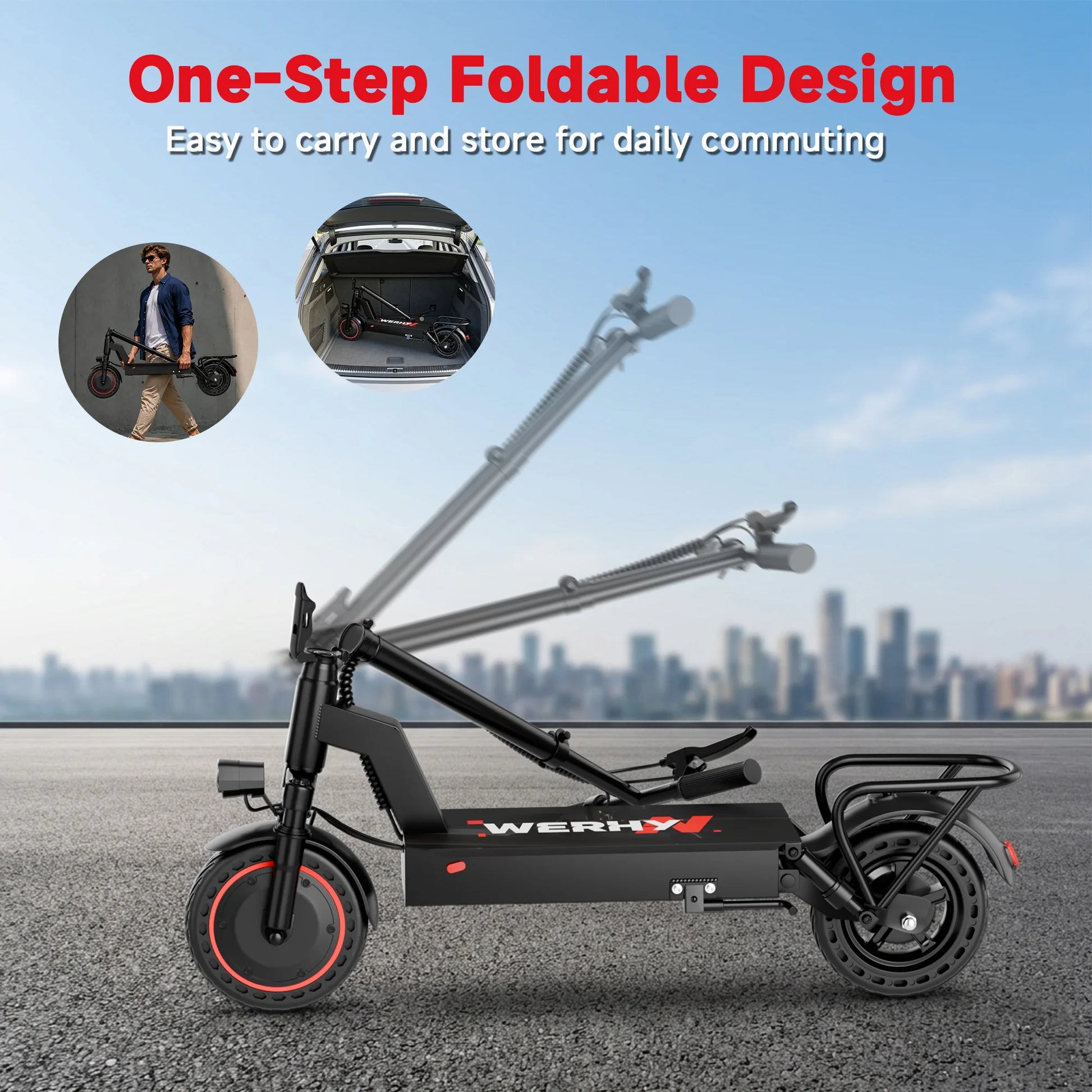 WERHY foldable electric bike with basket, 500W motor, 10-inch solid tires, black with red accents