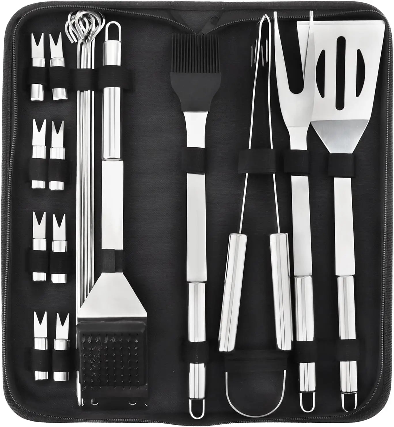 Portable stainless steel BBQ grill utensil set in a zippered case