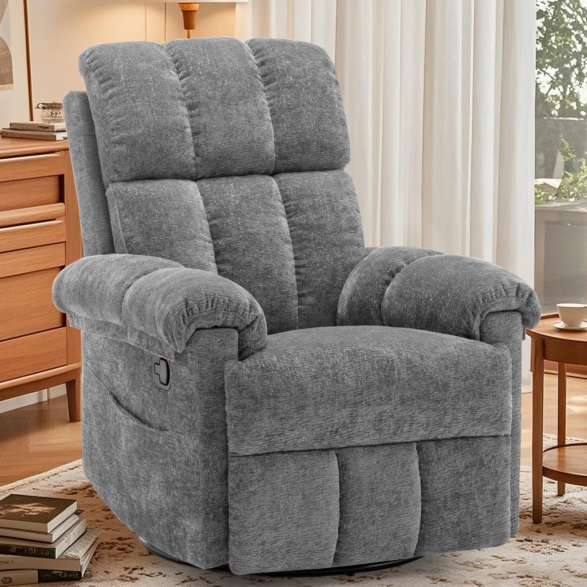 Korser swivel rocker recliner chair in gray chenille fabric with plush cushions for small spaces