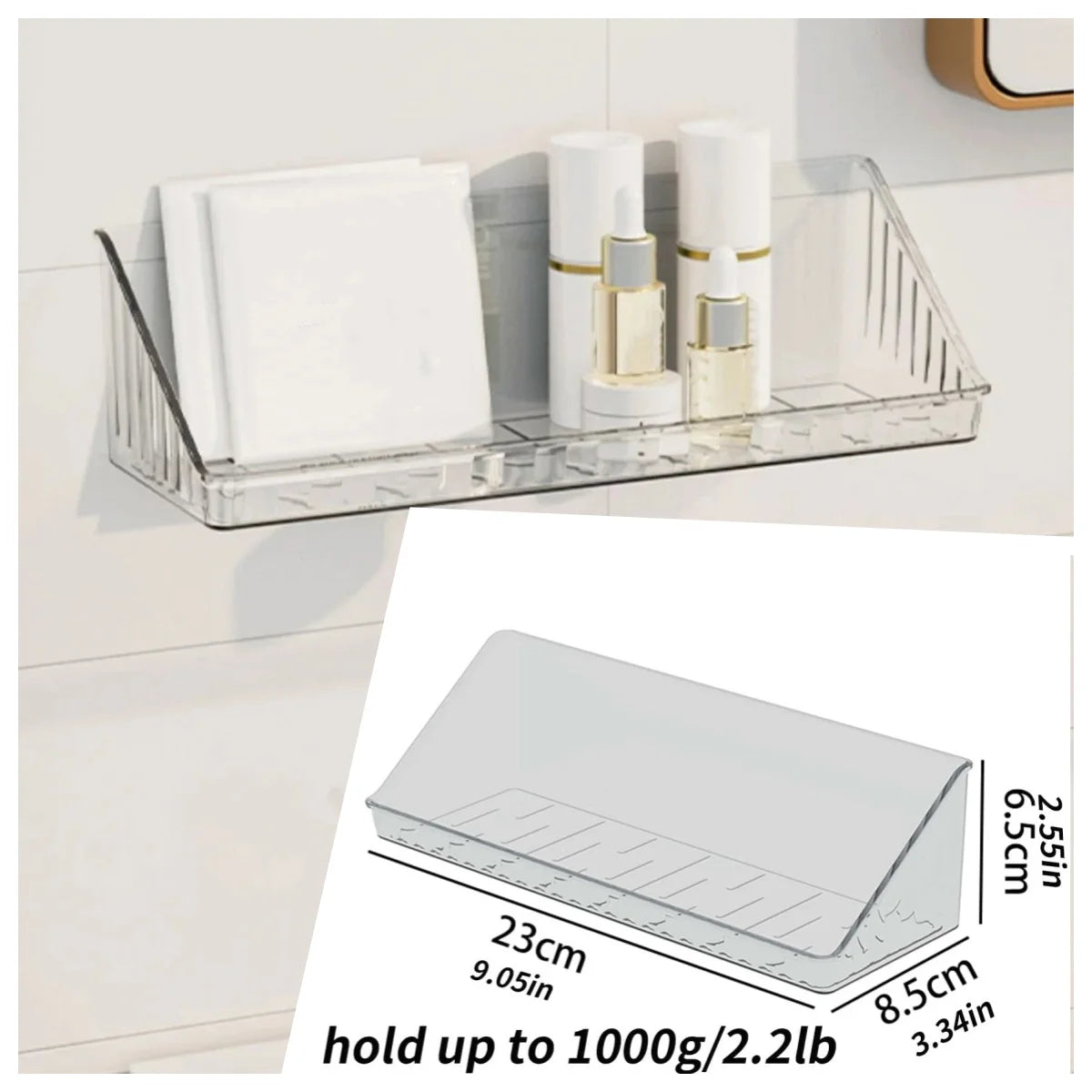 Drill-free transparent bathroom wall shelf for toiletries; acrylic, 23cm long, 8.5cm wide, 6.5cm high, up to 1000g