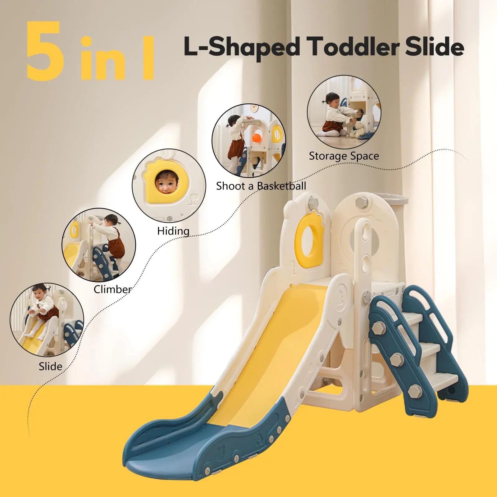 Freestanding Toddler Slide, 5 in 1 Kids Indoor Playset for Toddlers 1-3，L Shaped Slide with Basketball Hoop，Baby Climber for Indoor Outdoor for Boys and Girls Birthday, Sturdy Playground Toy by S And B Enterprise