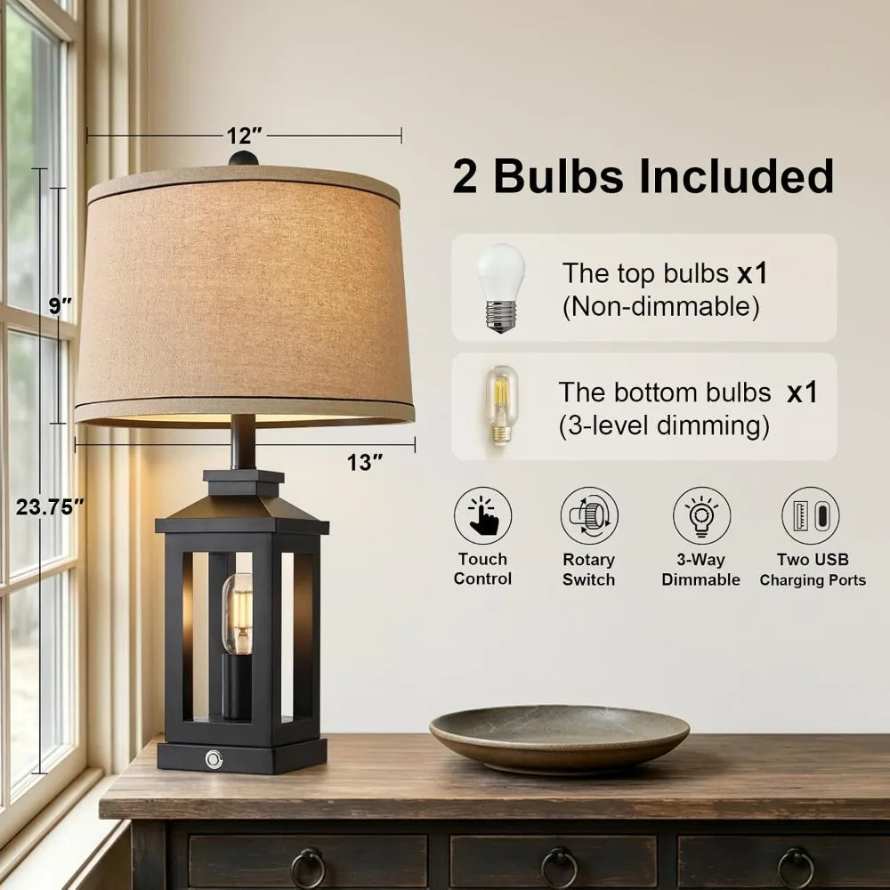 23.75" Retro Farmhouse Black Table Lamp with Touch Control, USB C+A Ports, 2 Light Sources for Bedroom Living Room by S And B Enterprise