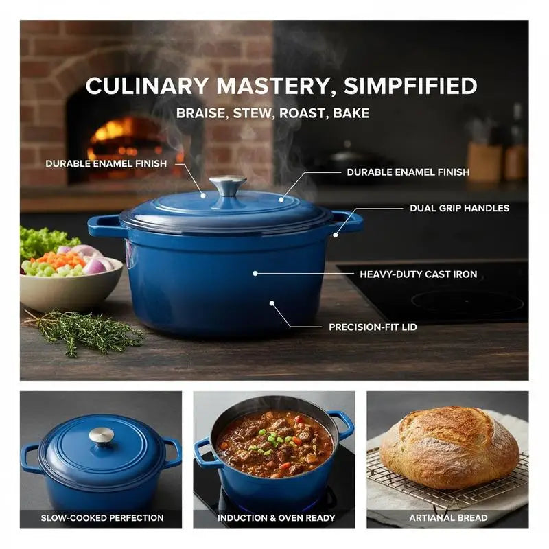 Enameled Cast Iron Dutch Oven, 6 Quart Pot with Lid and Dual Handles, Heavy-Duty Durable Cookware Pan, Oven Induction Compatible up to 500℉, for Braising, Stews, Roasting, Bread Baking, Blue by S And B Enterprise