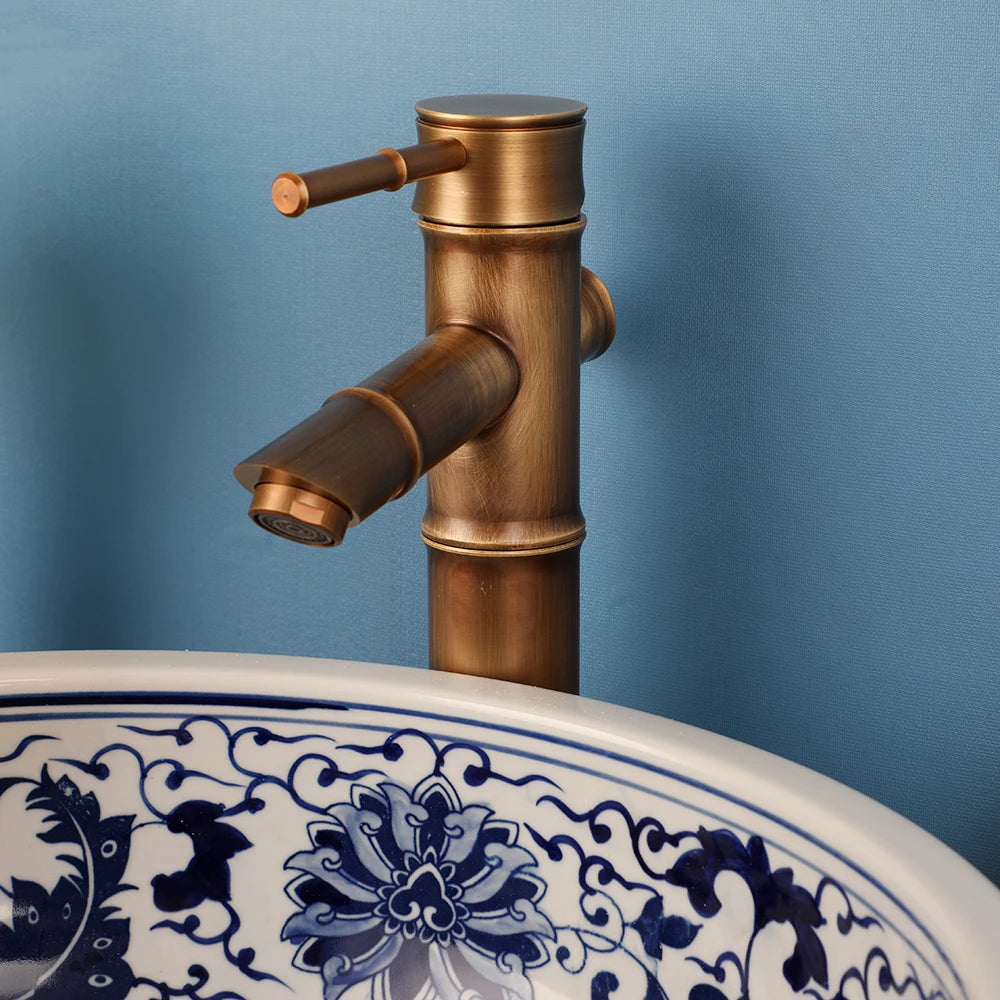 ZAPPO Jindezhen bronze bathroom vessel sink faucet with single lever; ceramic blue-and-white washbasin