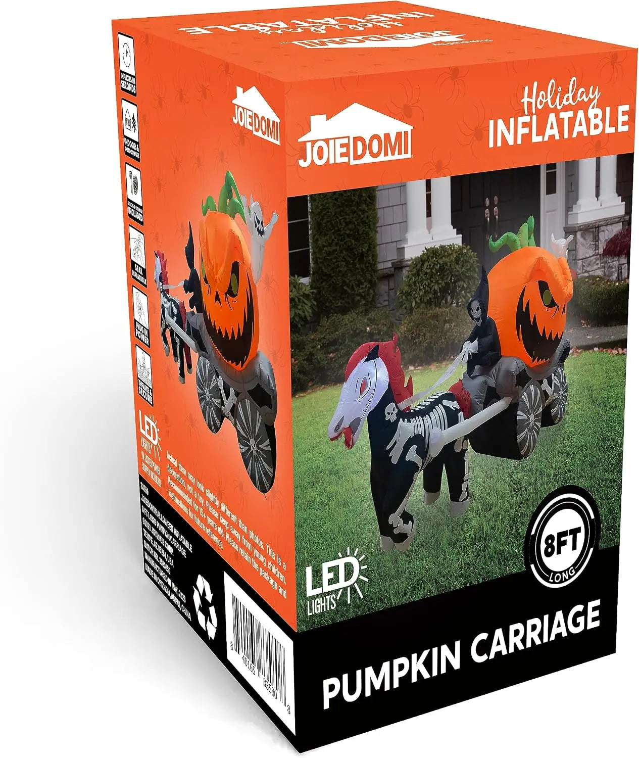 Joedomi pumpkin carriage inflatable, 8 ft long, orange with built-in LEDs for outdoor Halloween yard decor