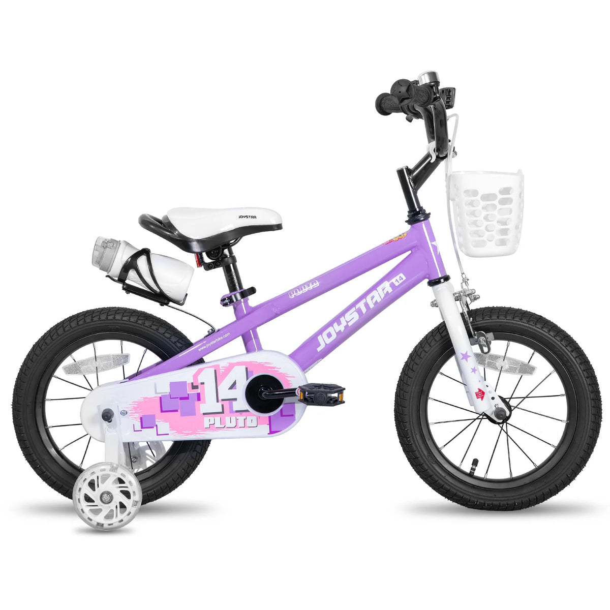 JOYSTAR kids' bicycle with purple frame, white saddle, front basket and training wheels