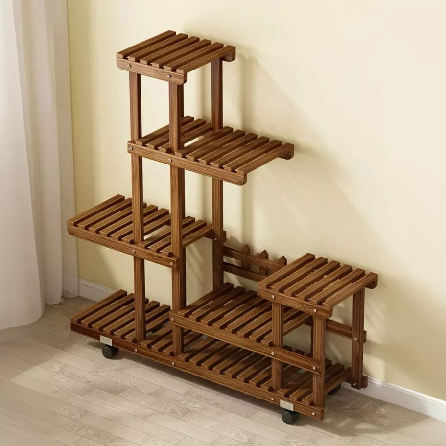 Multi-Layer Wood Plant Stand Rack Outdoor Indoor Rolling Flower Pot Holder with Wheels by S And B Enterprise