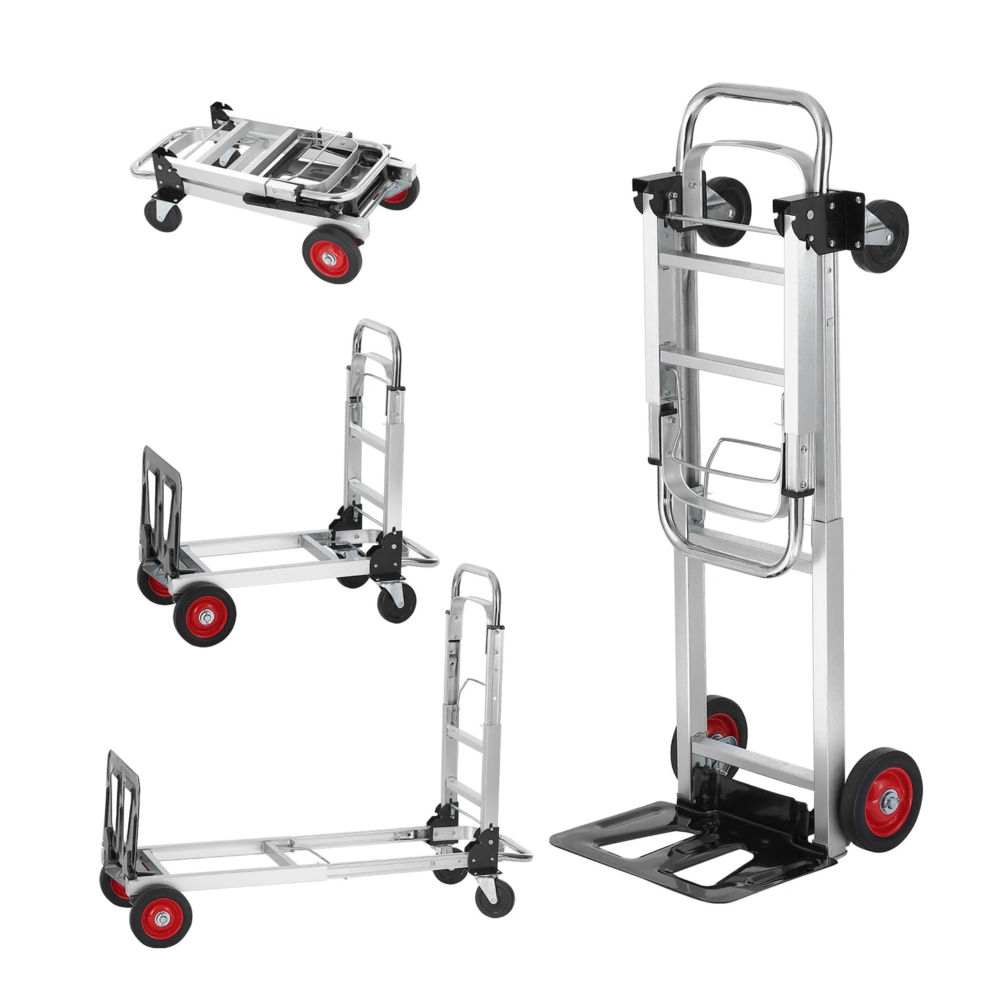 Folding aluminum hand truck dolly with red wheels for warehouse transport