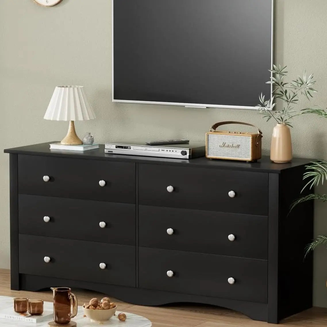 Six-Drawer Wood Dresser For Bedroom Hallway Storage And Organization