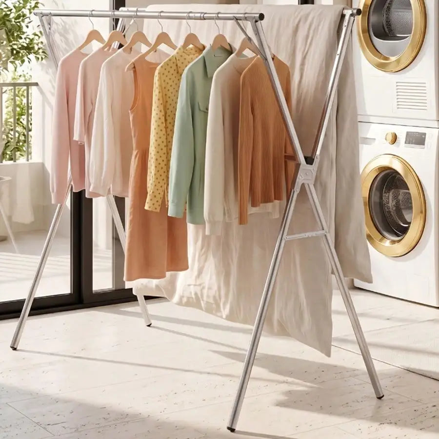 Foldable stainless steel clothes drying rack with adjustable height for indoor and outdoor use.