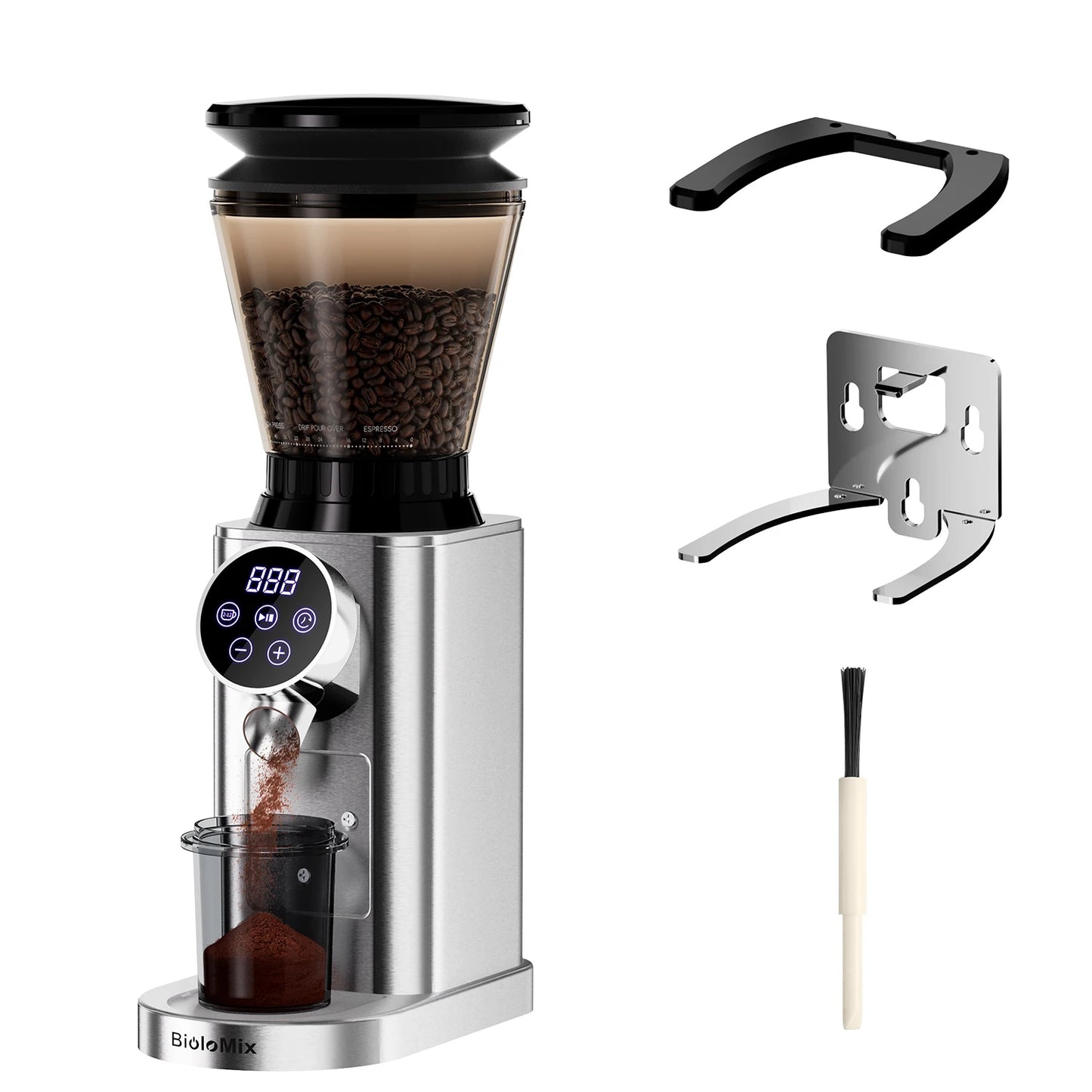 BioloMix electric conical burr coffee grinder with 48 settings; stainless body, clear hopper; includes wall-mount bracket, plate, and cleaning brush.