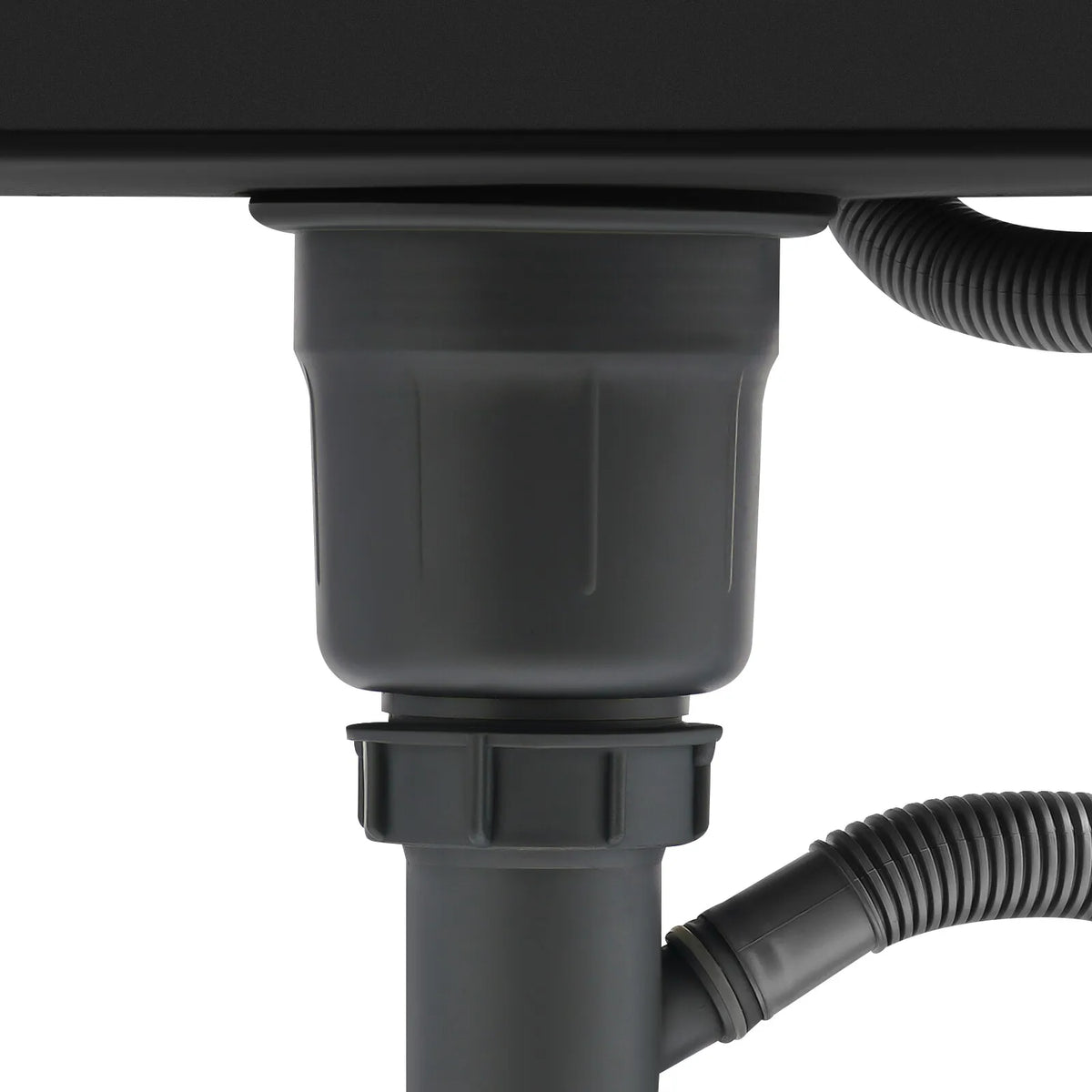 Stainless steel free-standing utility sink underside showing gray drain assembly and black corrugated hoses