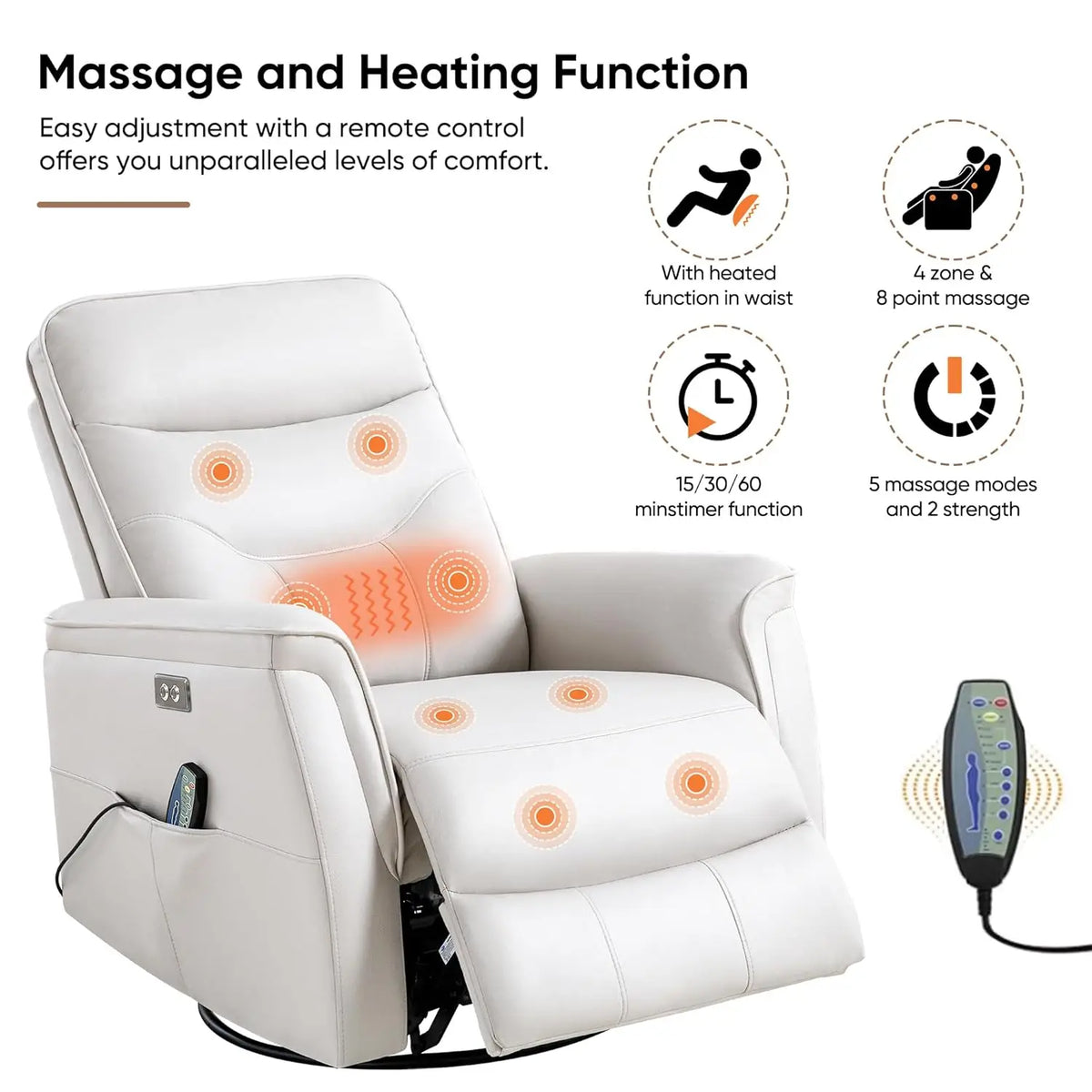 Power Massage Heat Swivel Rocker Recliner Chair w/USB, Nursery Living Room Oversized, Customized
