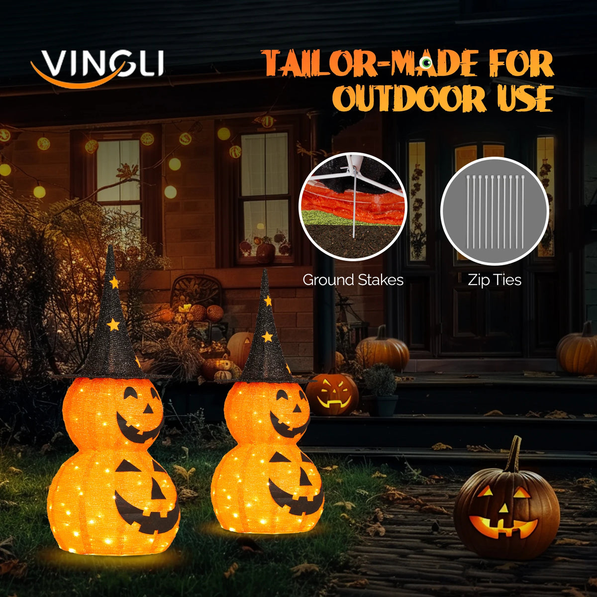 2-pack 3ft Halloween LED pumpkin decorations with 150 warm lights for outdoor yard decor