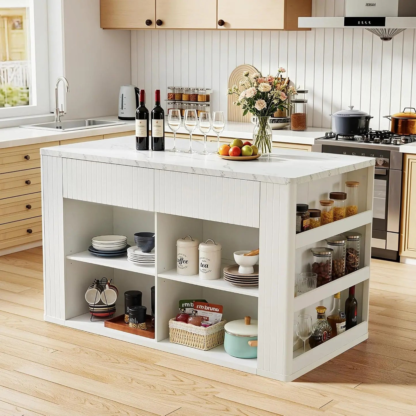 Modern Kitchen Island With Faux Marble Top And Two Drawers by S And B Enterprise