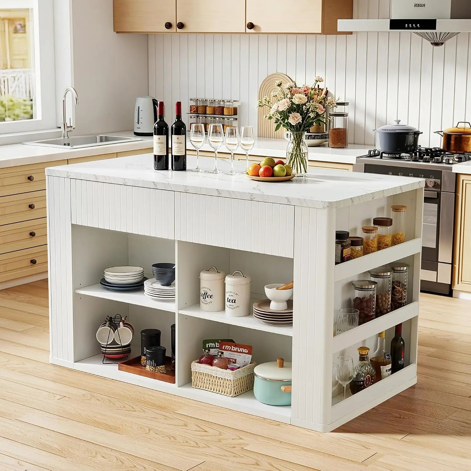 Modern Kitchen Island With Faux Marble Top And Two Drawers by S And B Enterprise