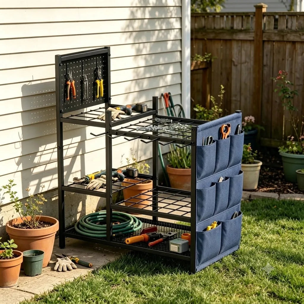 Garden tool storage organizer, black metal freestanding rack with pegboard panel and blue fabric side pockets