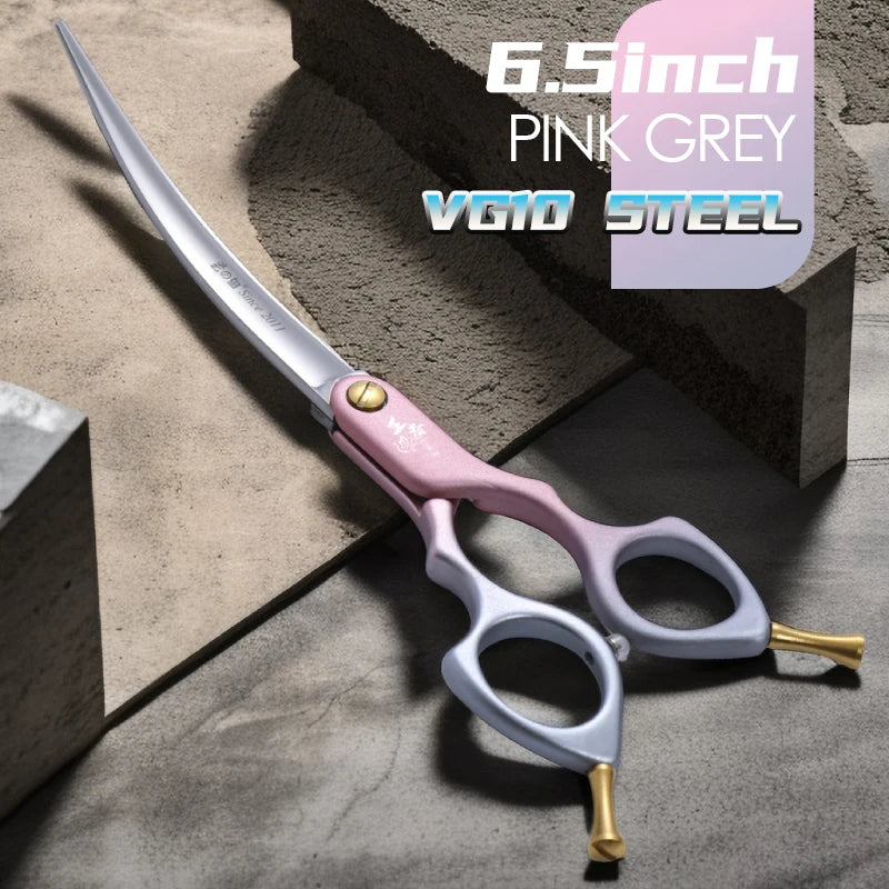 Curved grooming scissors for pets with pink-grey handles and VG10 steel, 6.5-inch
