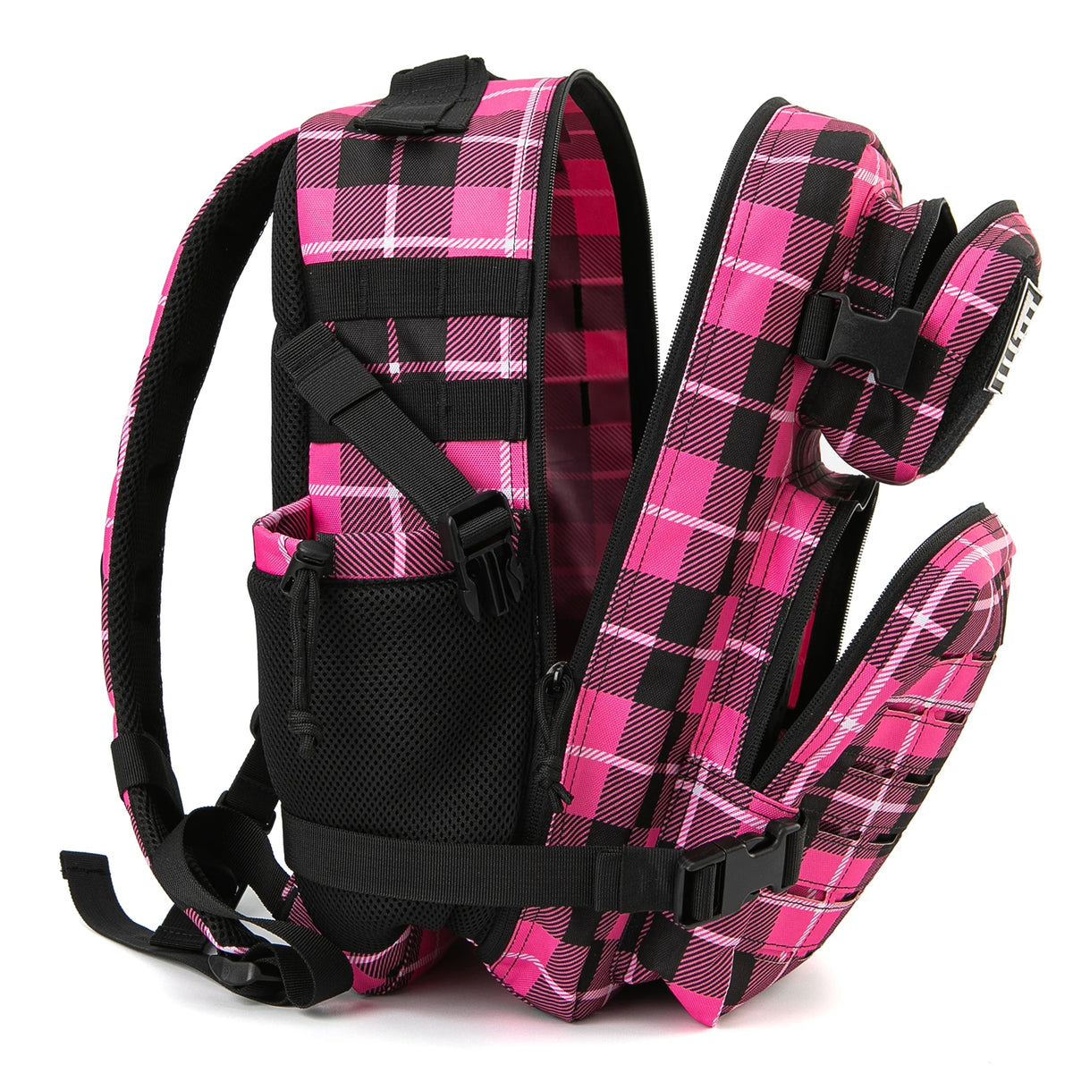 25L tactical backpack pink plaid with black straps and buckles by S And B Enterprise